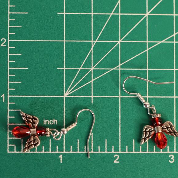 Little Dangling Angel Earrings Pierced Red Faceted Stone Silver Tone - Picture 9 of 9